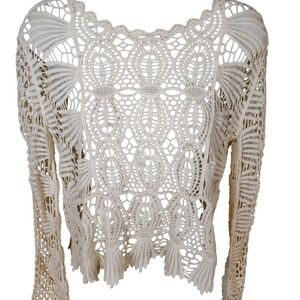 Crochet Openwork Long-Sleeve Blouse - Cream